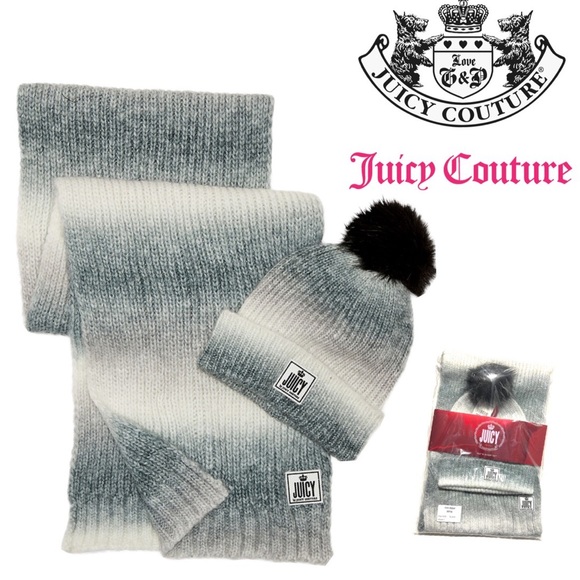 JUICY COUTURE Grey White Black Gradient Ombre Wool Beanie Hat & Scarf Set